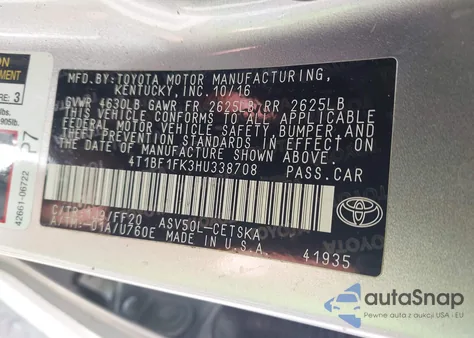 2017 Toyota Camry Se from USA, damaged, VIN 4T1BF1FK3HU338708